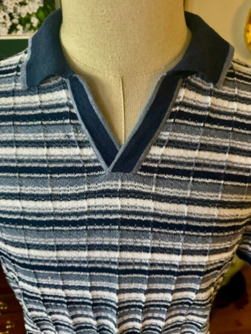 Mauro Ottaviani of Italy-Polo Shirt Knit Linen Cotton Striped Blue Size 48